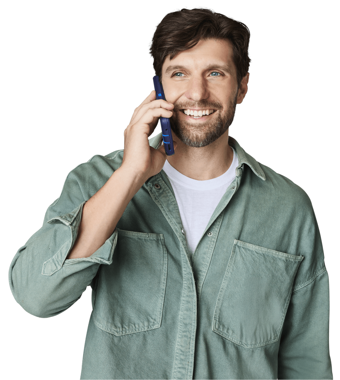 A man wearing a green shirt and holding a mobile phone to his ear